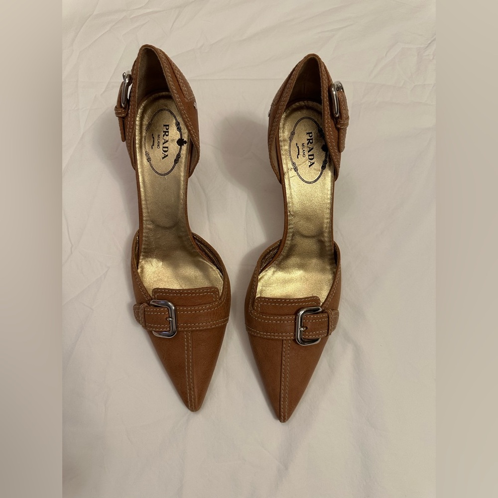 Prada Women's Brown Leather Heels with Buckle